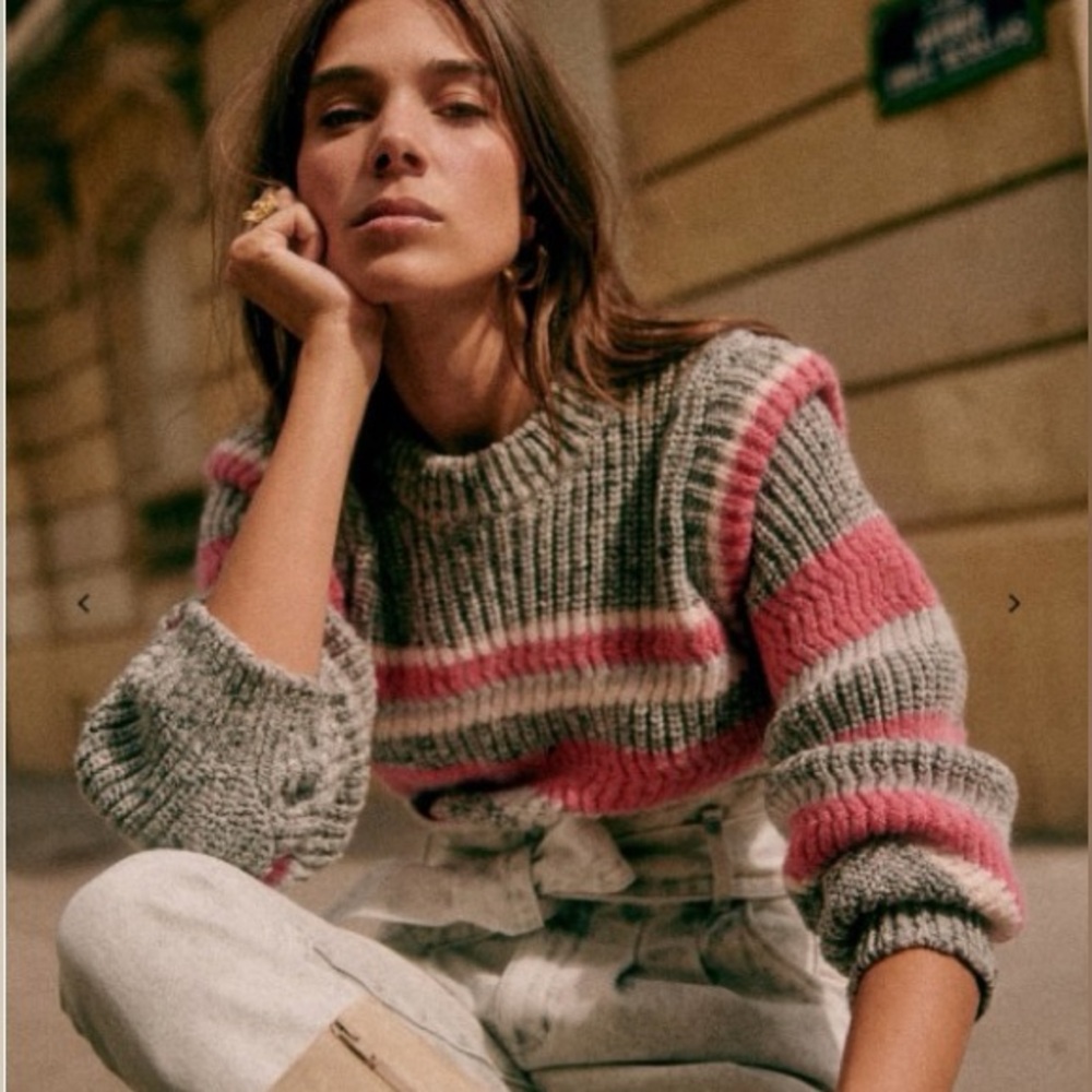 Sezane Yara Jumper Merino Wool Baby Alpaca Blend XS NWT Pink Gray Stripe